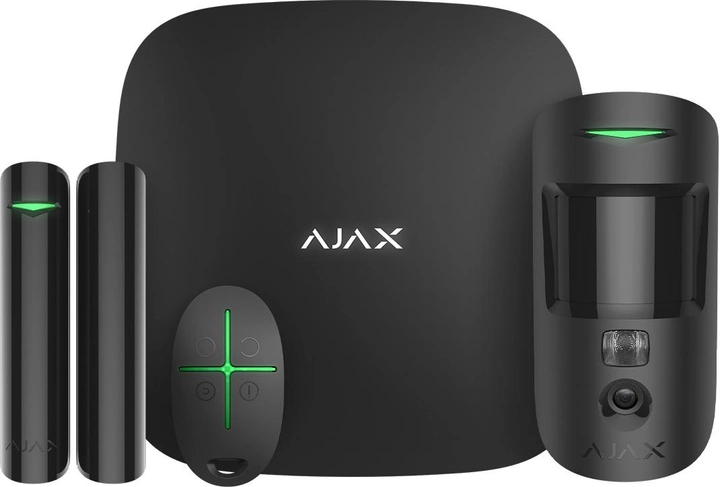Комплект бездротової сигналізації Ajax StarterKit Cam з фотопідтвердження тривог для захисту від пограбування. Для відправки сигналів тривоги власнику, а також на пульт охорони використовуються 4 незалежних канали зв’язку: Ethernet, Wi-Fi та дві SIM-карти з підтримкою швидкісних мереж LTE. До складу входять: централь Hub 2 Plus, датчик руху з фотокамерою, датчик відкриття, брелок керування. В чорному або білому кольорі.
